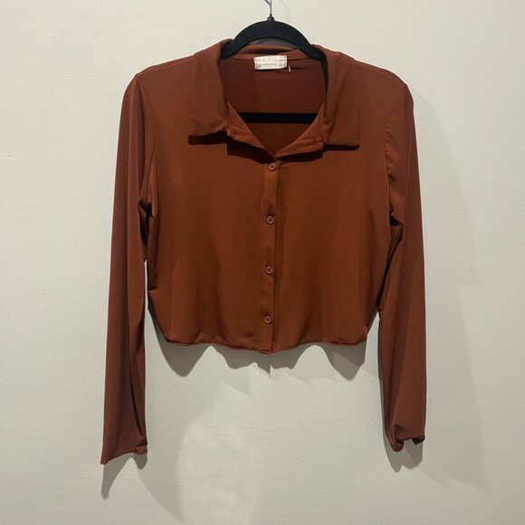 Burnt Orange Button-Up Cropped Blouse – Made in the USA (Size M) - Picture 2 of 3